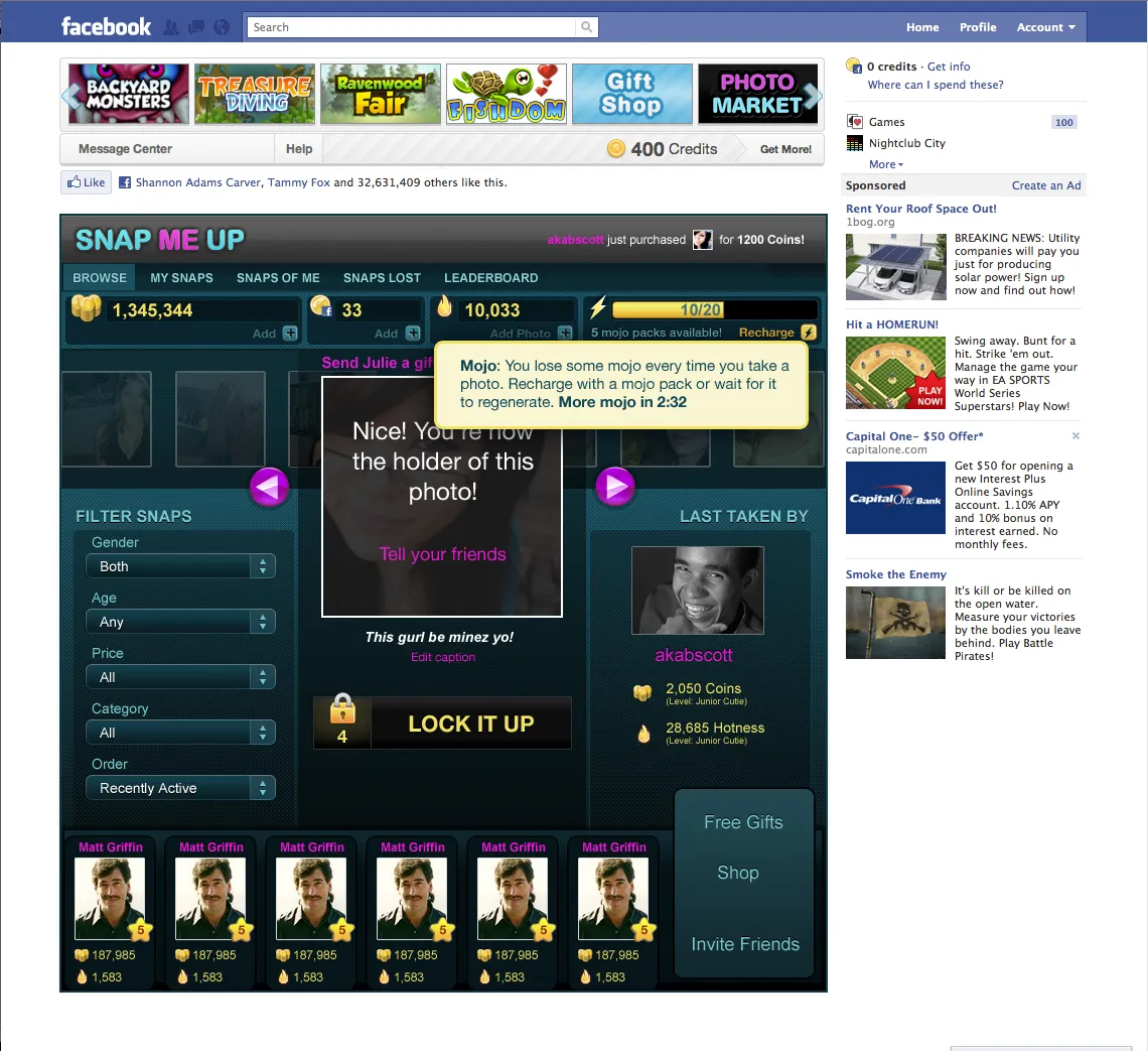 “Snap Me Up” Facebook game showing a photo the player just won
