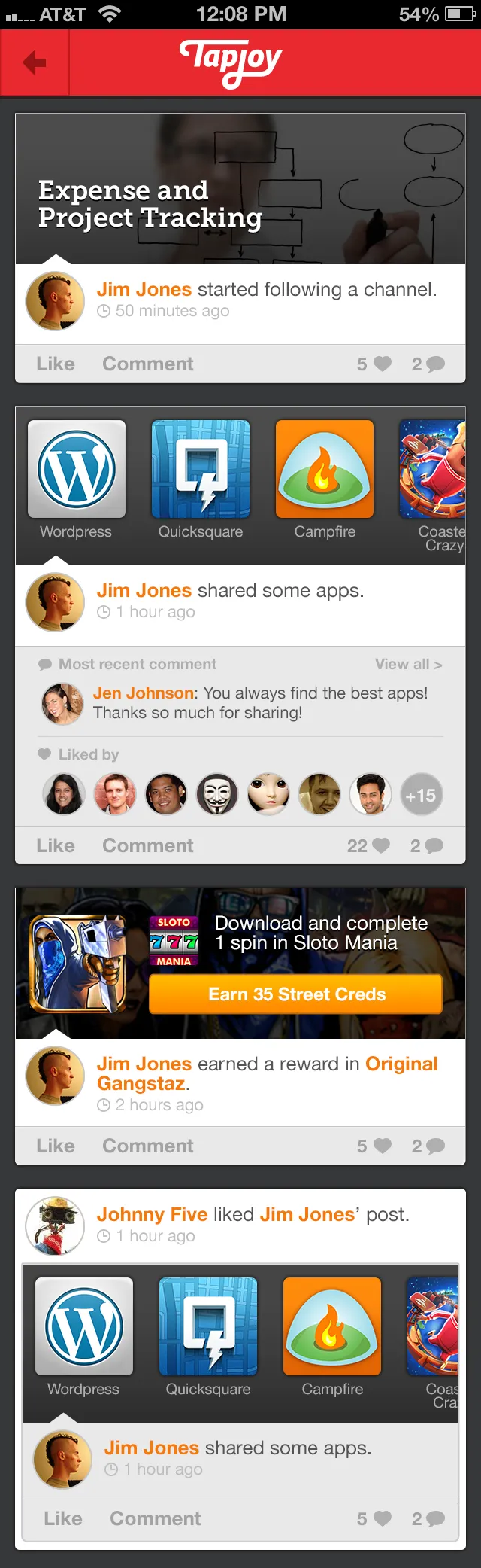 A social activity feed showing followed channels, shared apps, and likes and comments