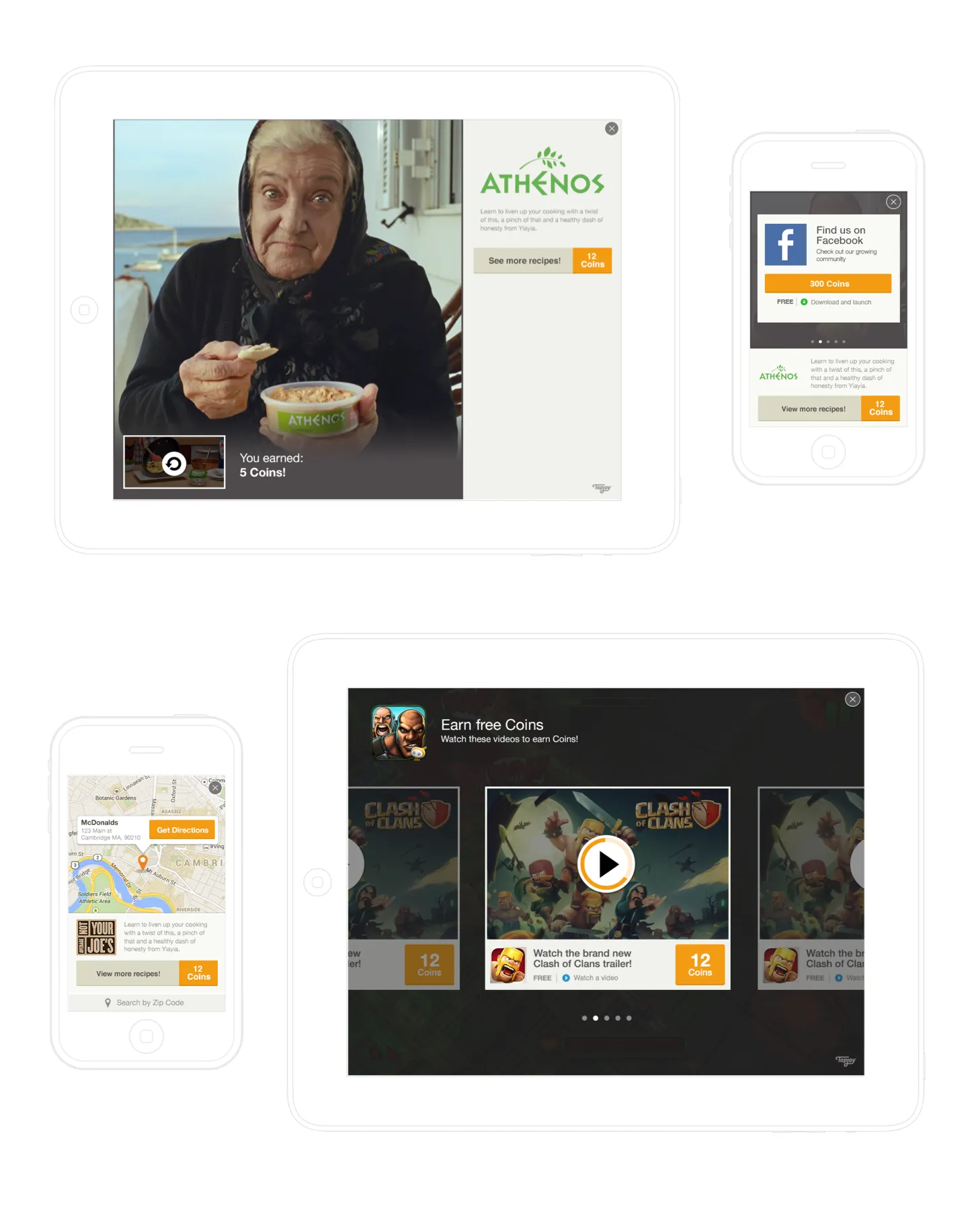 The same ad system on iPad and iPhone: a video end card, an offer card, a map based offer, and a video carousel