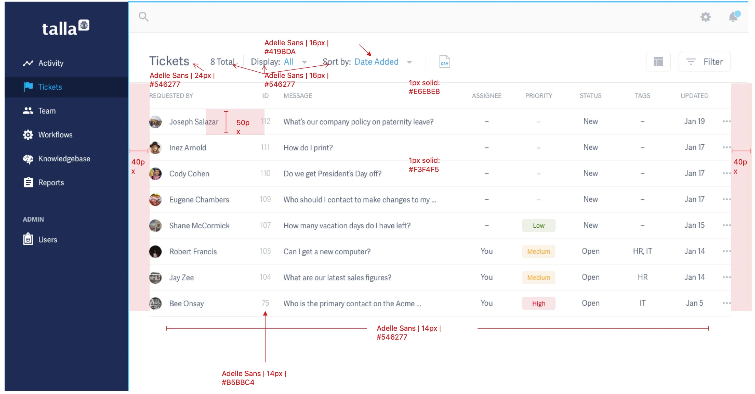 A redlined spec of the tickets list, with type sizes, colors, and spacing annotated