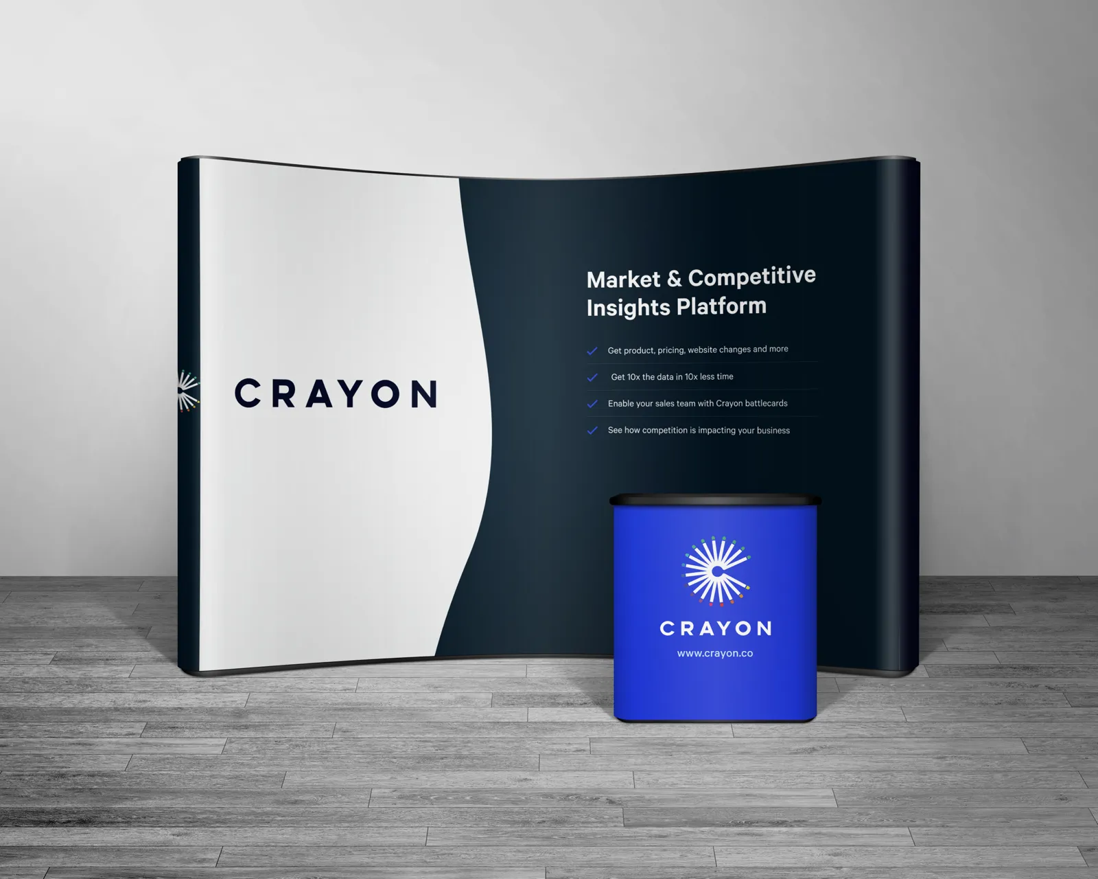 Trade show booth graphic with a light panel, dark panel, and a list of product benefits