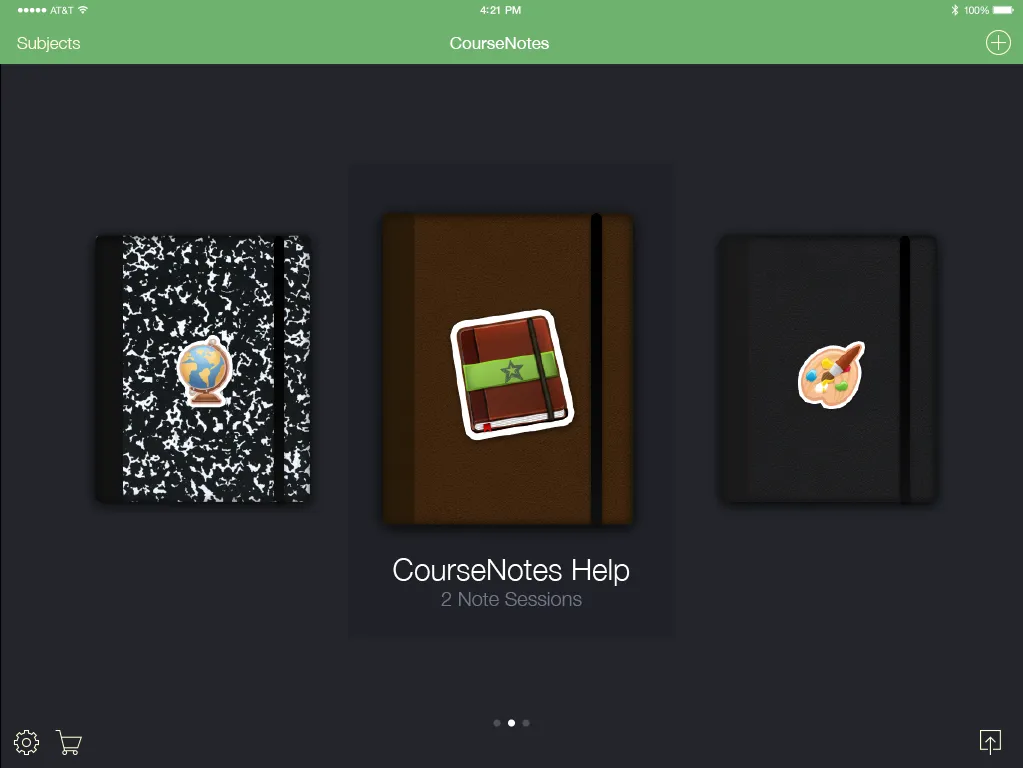 CourseNotes home screen with subject notebooks: a composition book, a leather journal, and an art book