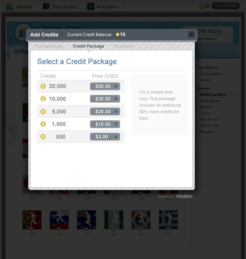 An Add Credits dialog offering five credit packages, from 500 credits for $3 to 20,000 for $50, with a limited time bonus
