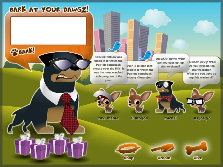 The Dawgz home screen with a large dog in a tie and sunglasses, friends’ dogs with speech bubbles, and Shop, Groom, and Give buttons