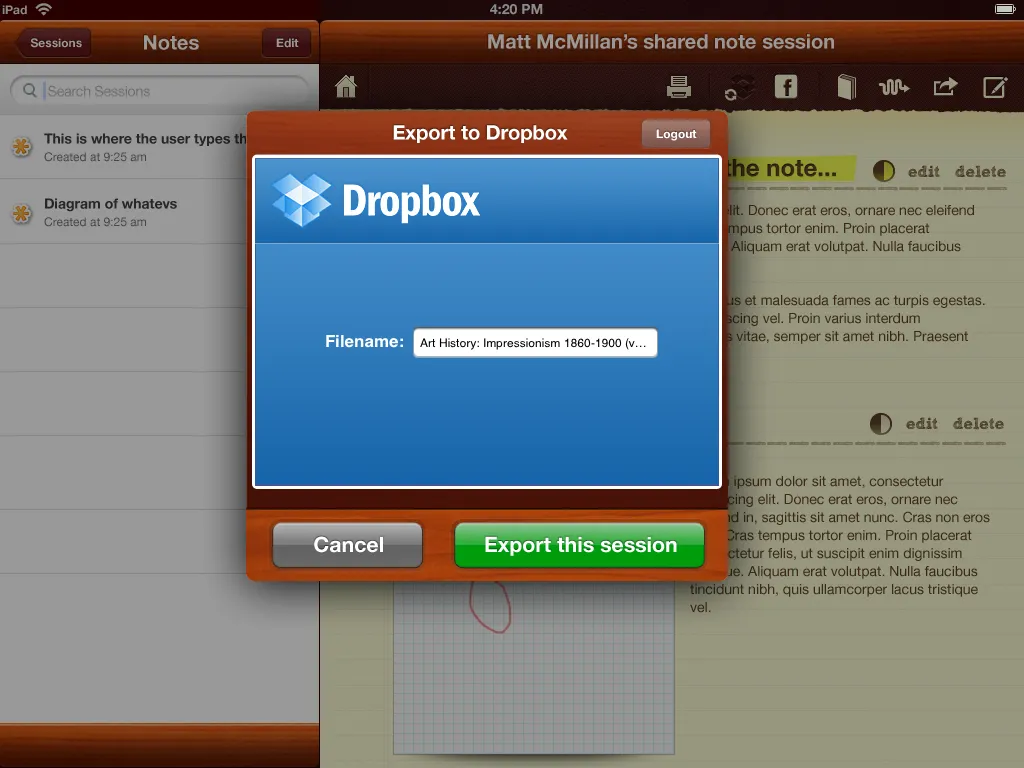 Export to Dropbox dialog over a shared note session