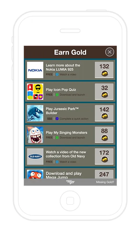 An Earn Gold offer wall with each reward in a boxed button