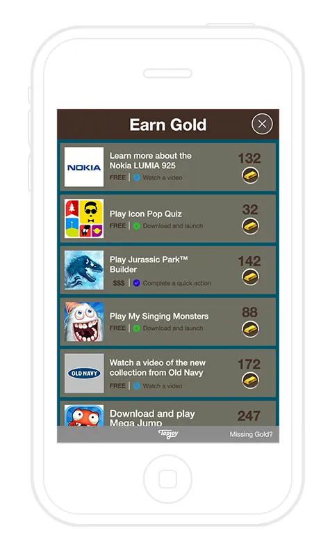 An Earn Gold offer wall with each reward as plain text
