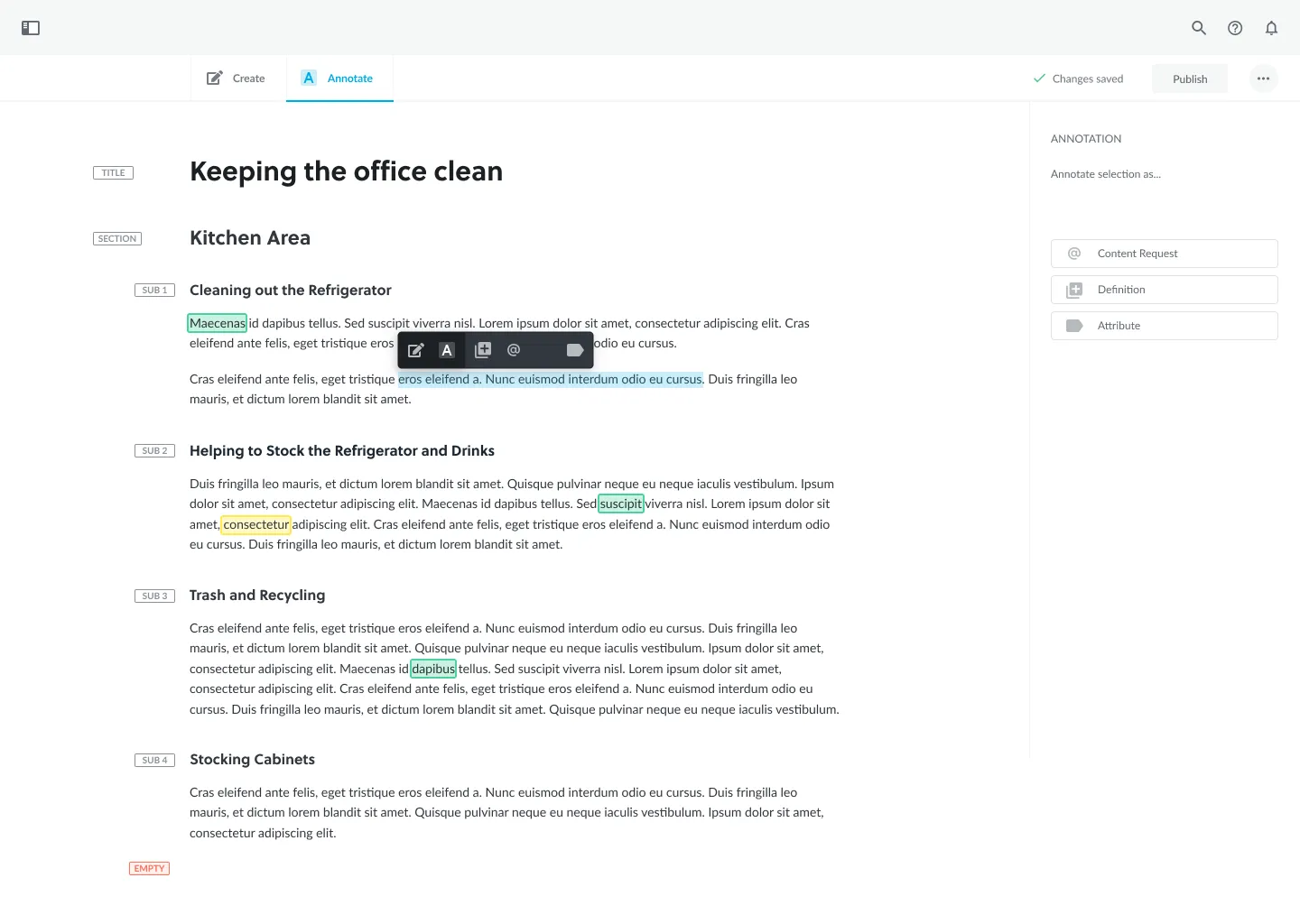 The knowledge base editor in Annotate mode, with section labels and annotation options