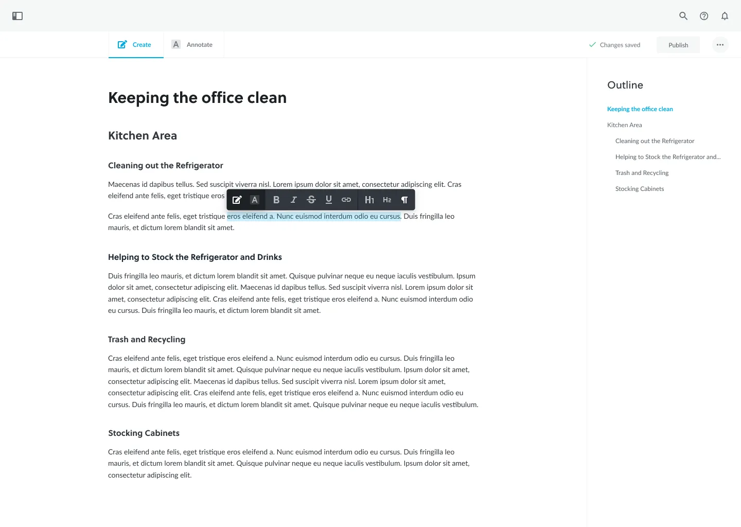 The knowledge base editor in Create mode, with a formatting toolbar and an outline