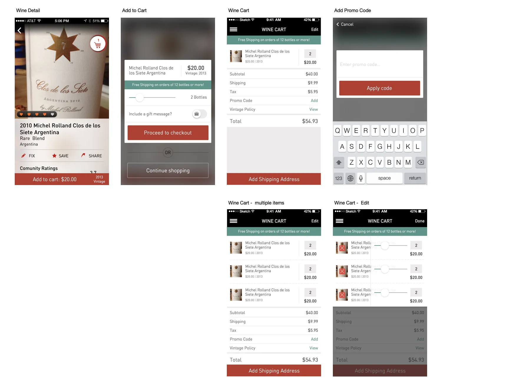 Final purchase screens: wine detail, add to cart, wine cart, promo code entry, and editing the cart