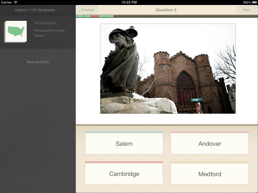 A Flash Quiz question with a photograph and four multiple choice cards: Salem, Andover, Cambridge, and Medford