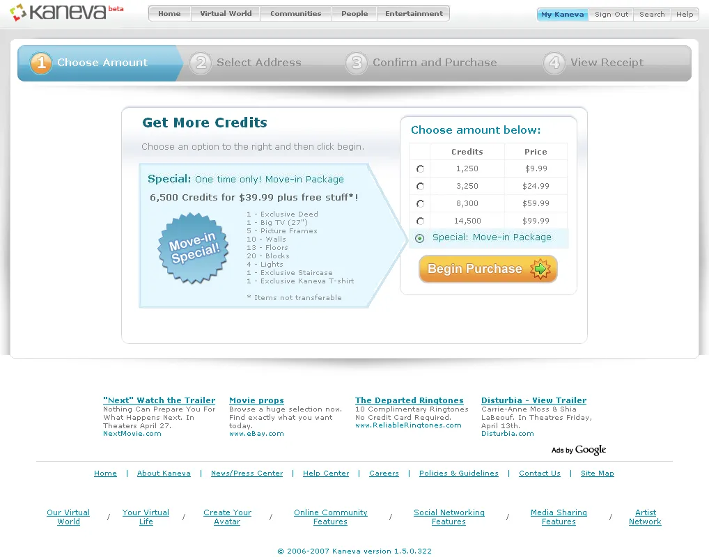 The Get More Credits page, the first of four steps, with credit amounts from 1,250 to 14,500 and a special move-in package