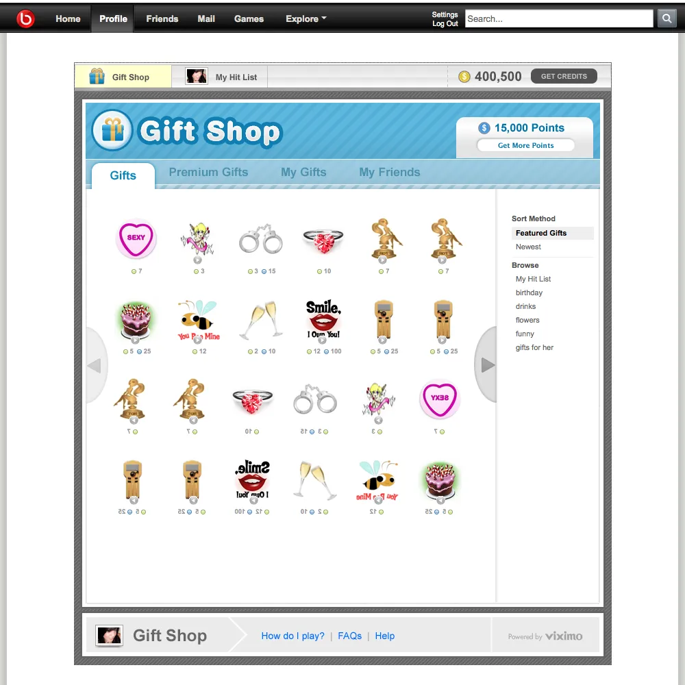 A Gift Shop inside a social network, with a grid of virtual gifts, a points balance, and a Powered by Viximo footer
