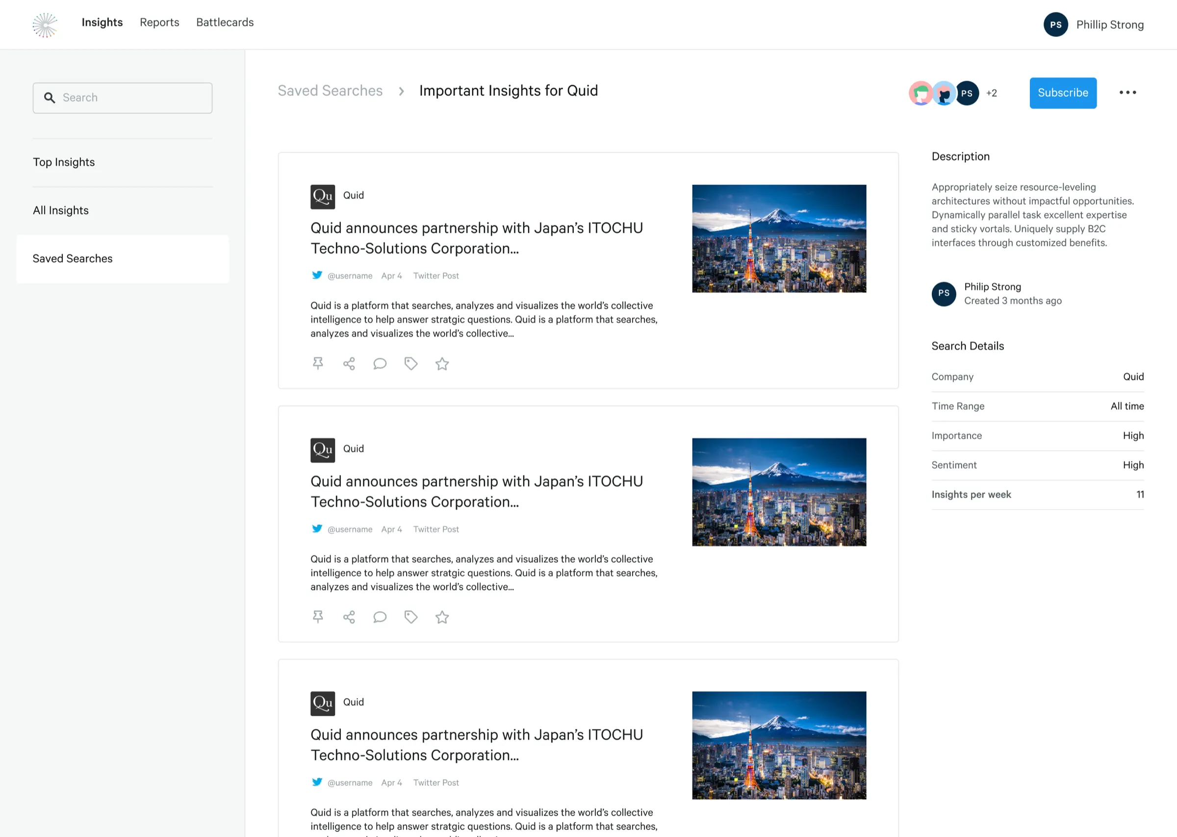 A saved search for one competitor, showing its recent insights, subscribers, and search details