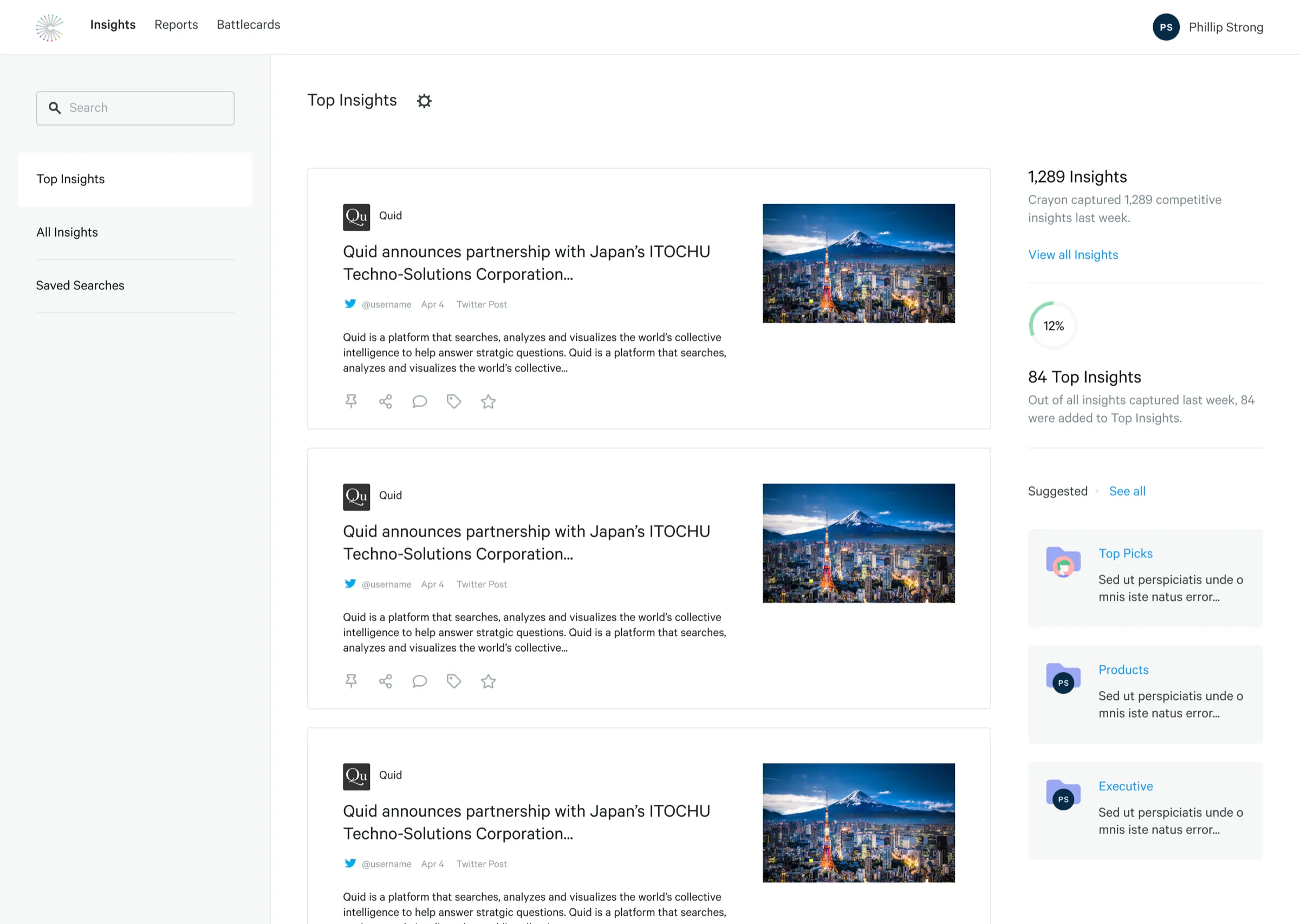 Top Insights page listing the week’s most important competitor news, with summary counts