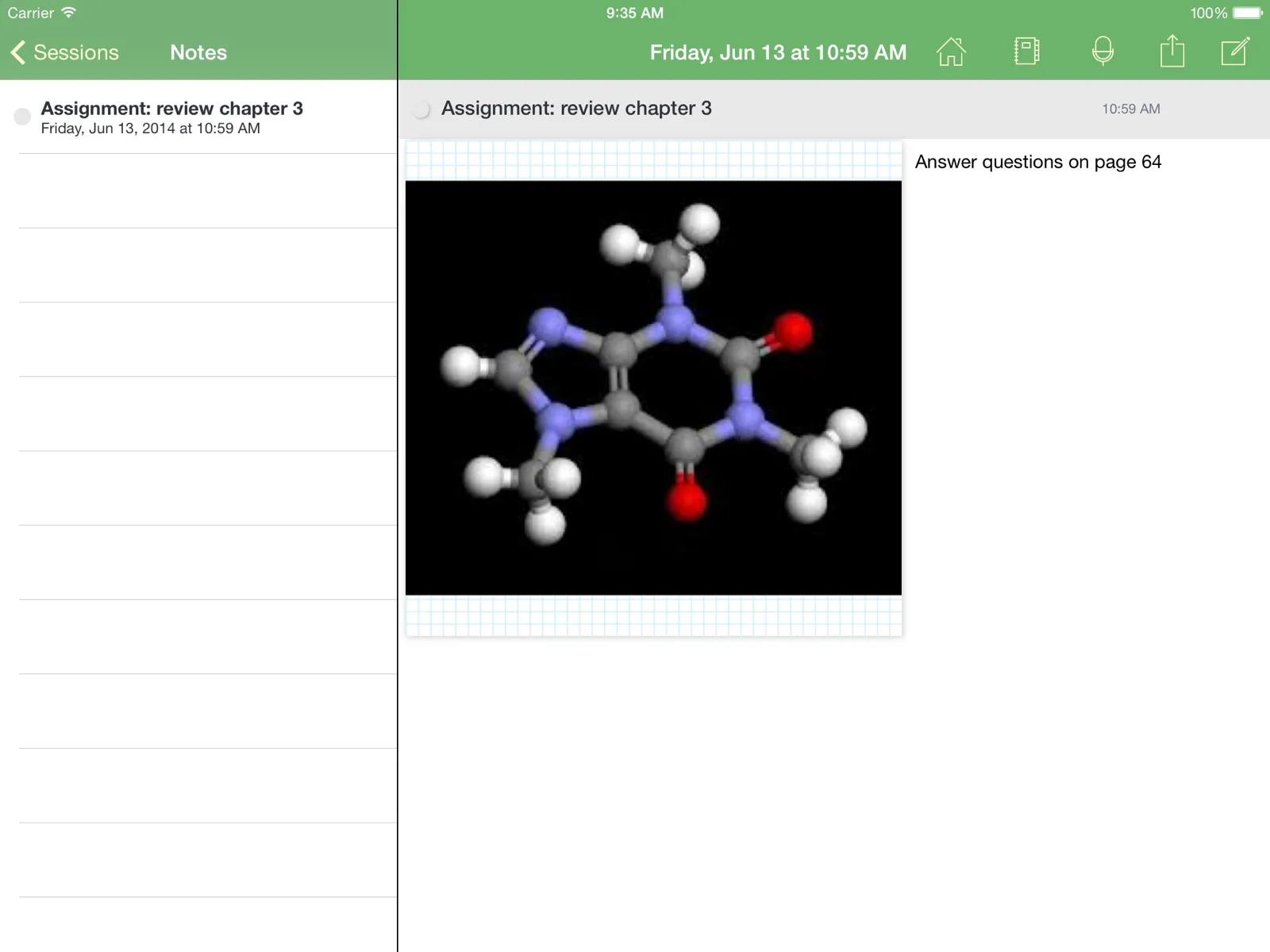 CourseNotes on iPad with a list of sessions and a note containing an assignment and a molecule diagram