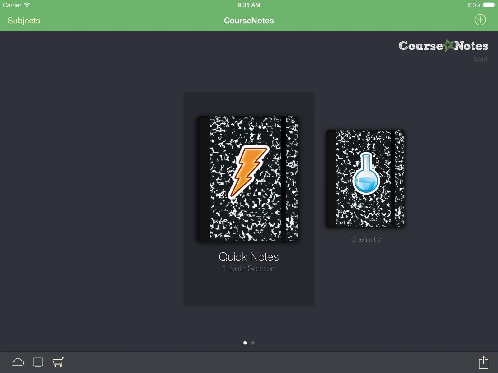 CourseNotes on iPad showing a subject shelf with a Quick Notes notebook and a Chemistry notebook