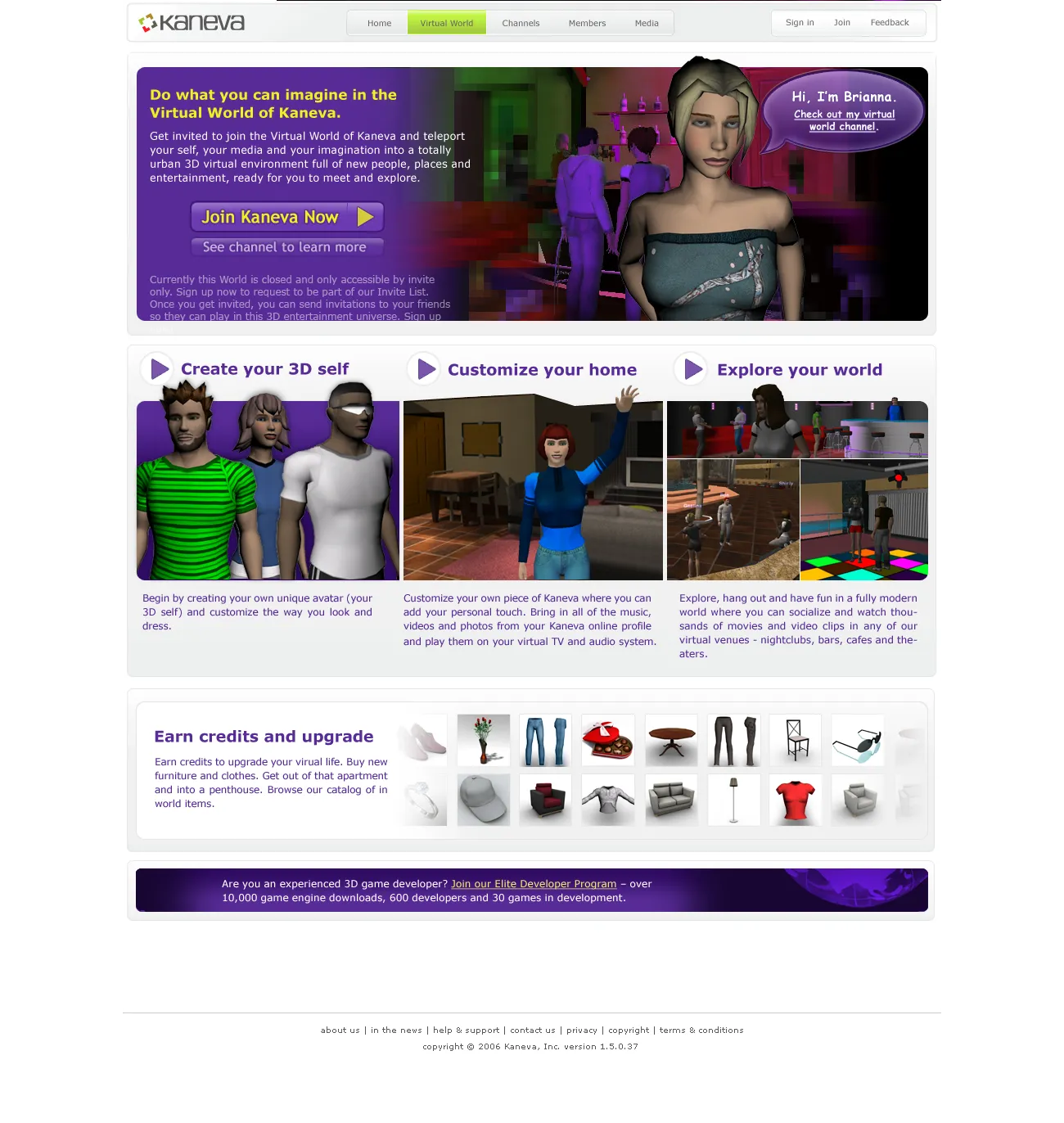 The Kaneva Virtual World landing page, with a headline inviting people to join, three sections for creating a 3D self, customizing a home and exploring the world, and a shelf of items members can buy