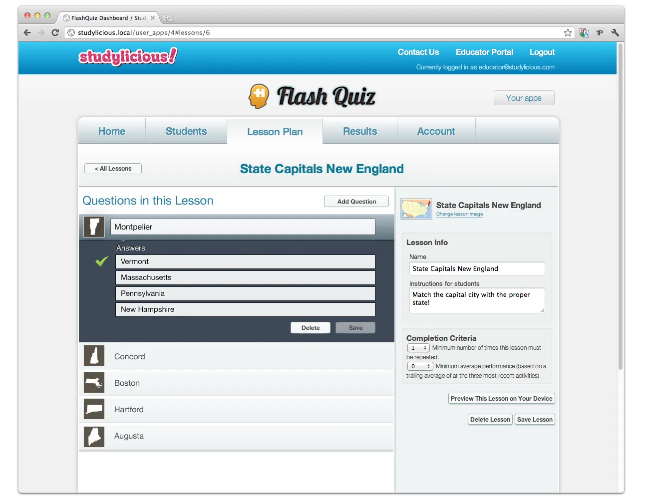 The lesson editor, with a list of state capital questions, answers, and completion criteria