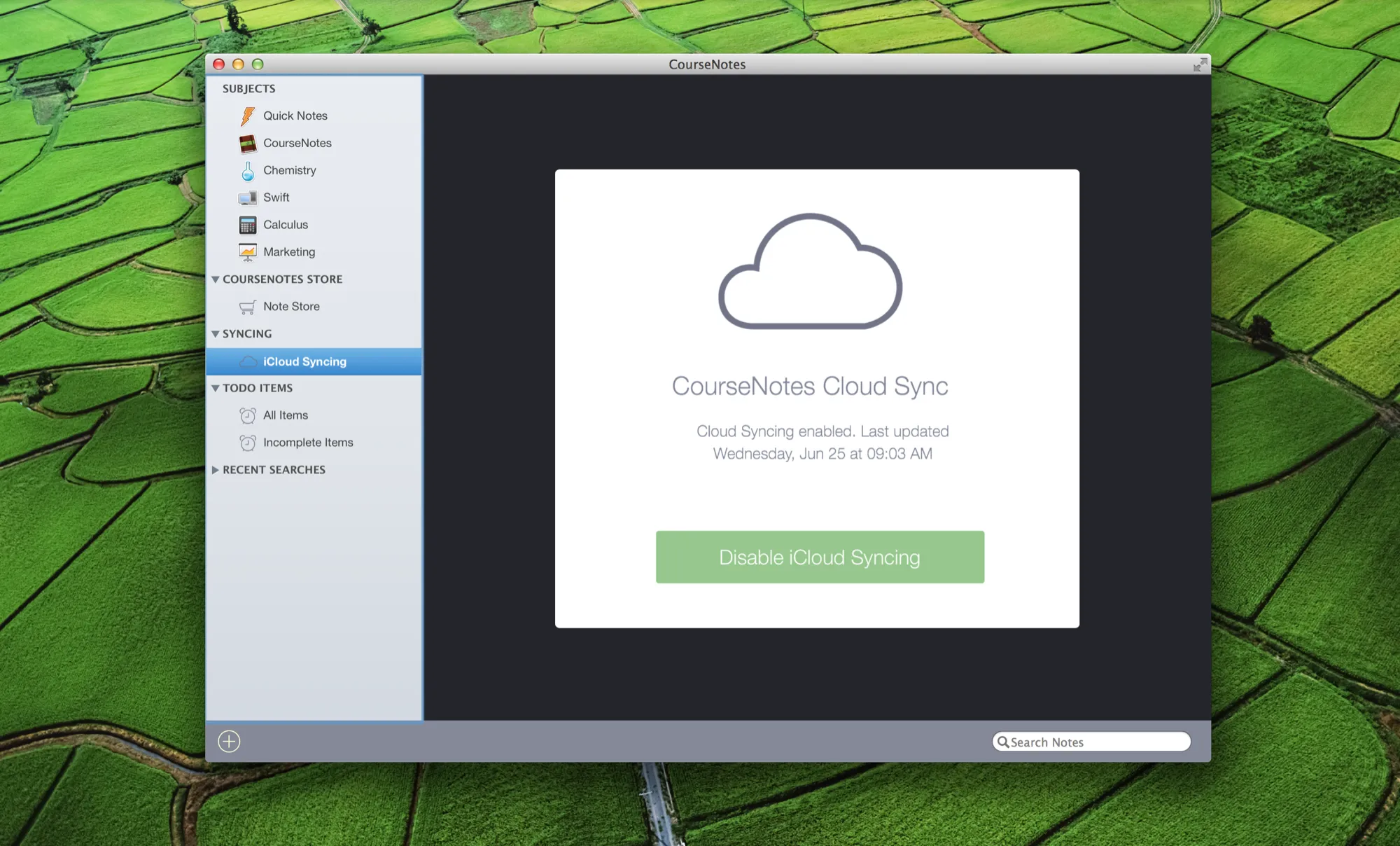 CourseNotes on the Mac, with a subjects sidebar and an iCloud syncing screen
