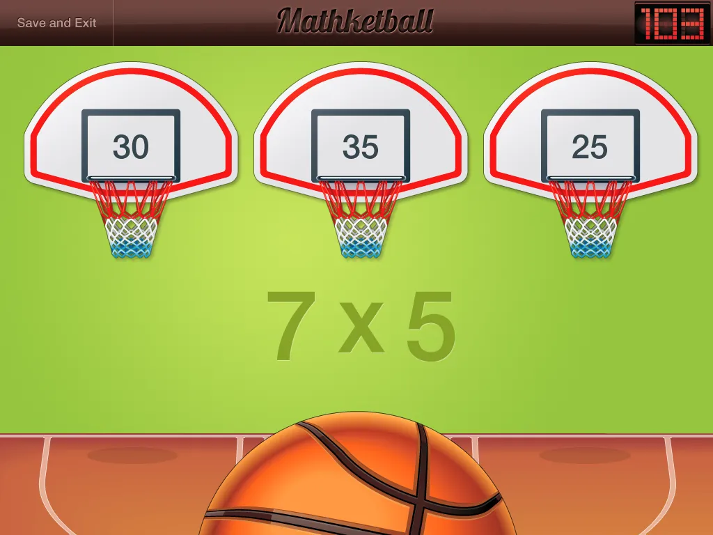 Mathketball, a multiplication game where the student picks one of three baskets showing 30, 35, or 25 for 7 times 5