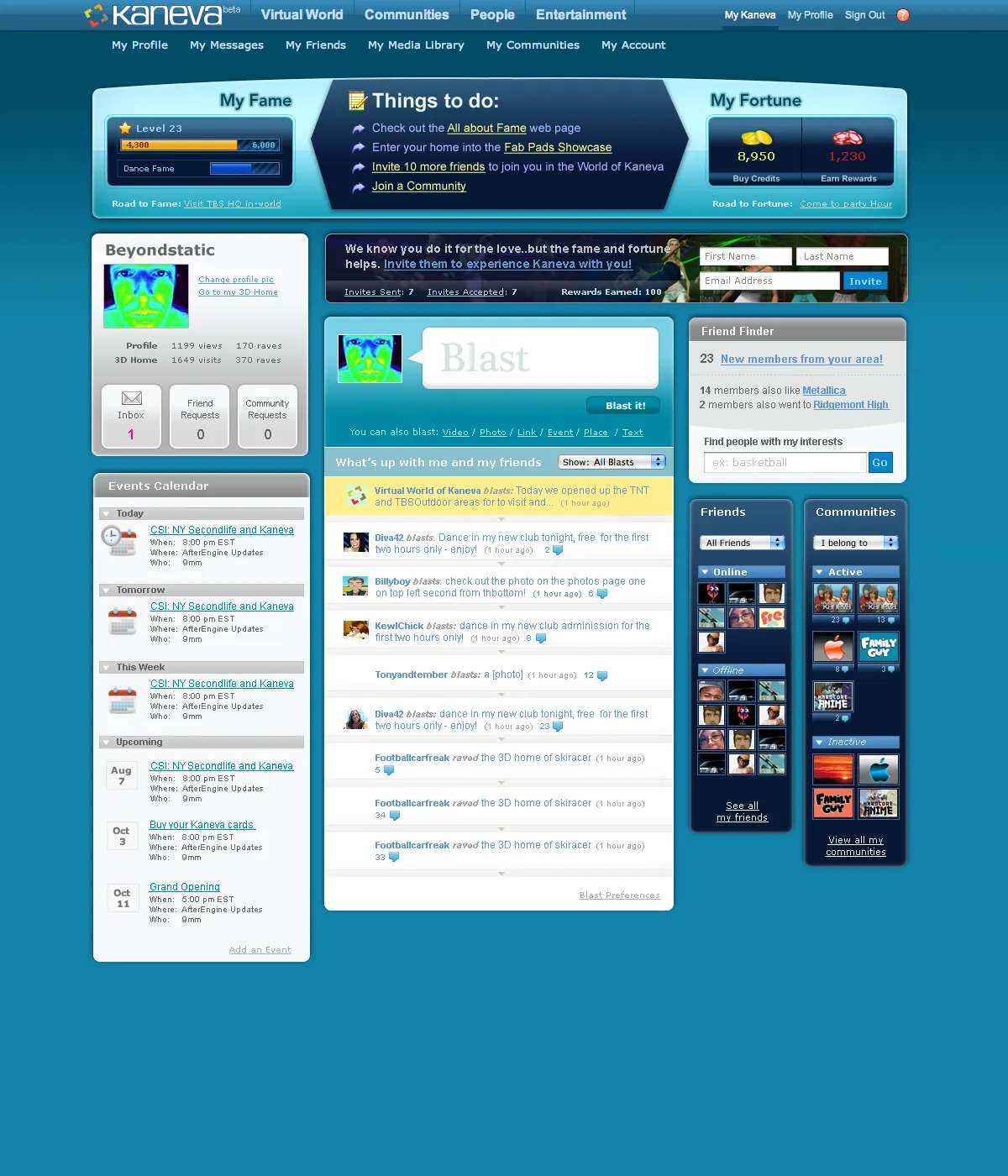 My Kaneva home page in a blue direction, with fame level, credits, a feed of blasts, a friend finder and an events calendar