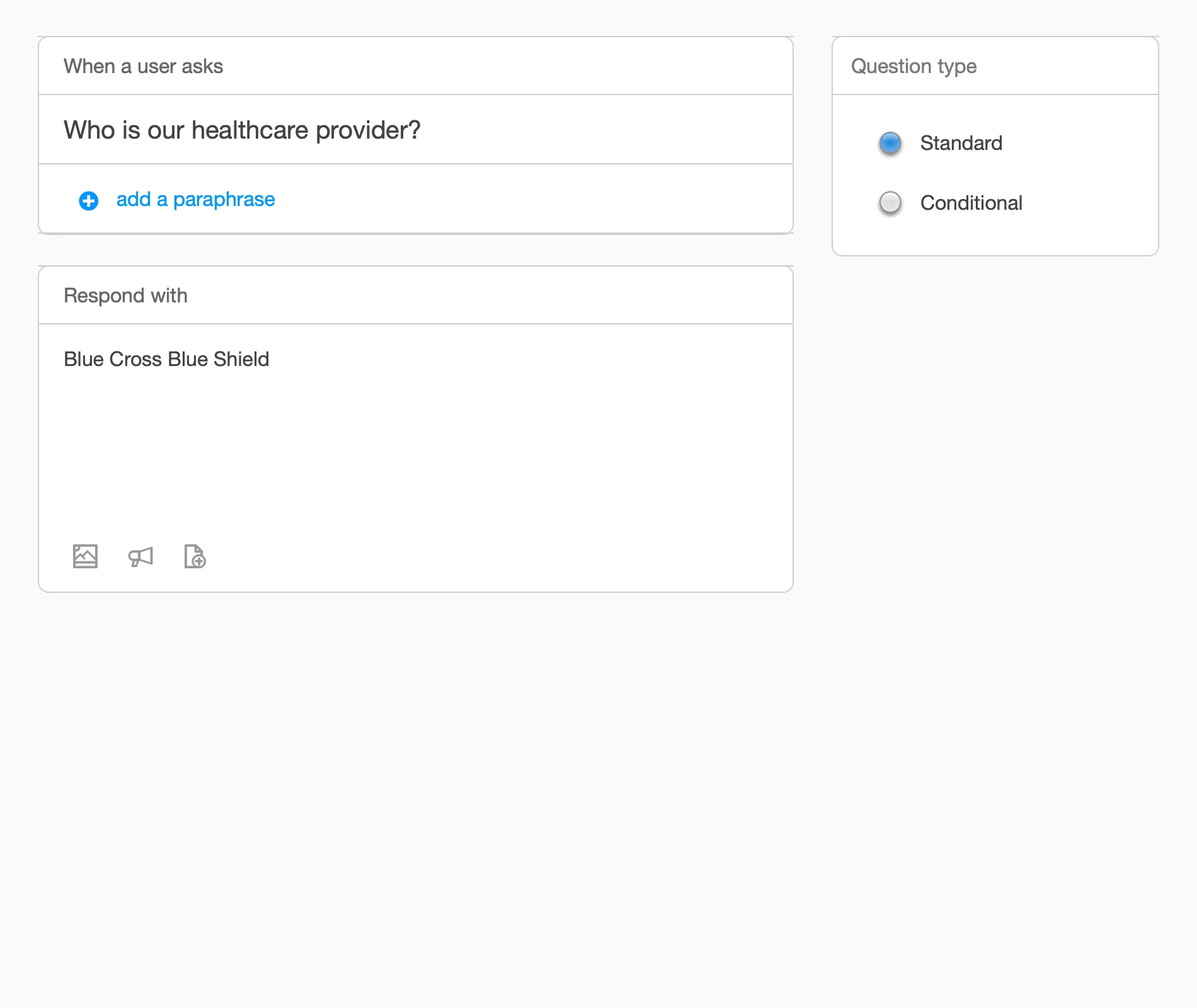 Editor where an admin enters a question, adds paraphrases, and writes the response