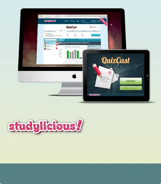 A teacher’s dashboard on a desktop computer next to the QuizCast app on an iPad