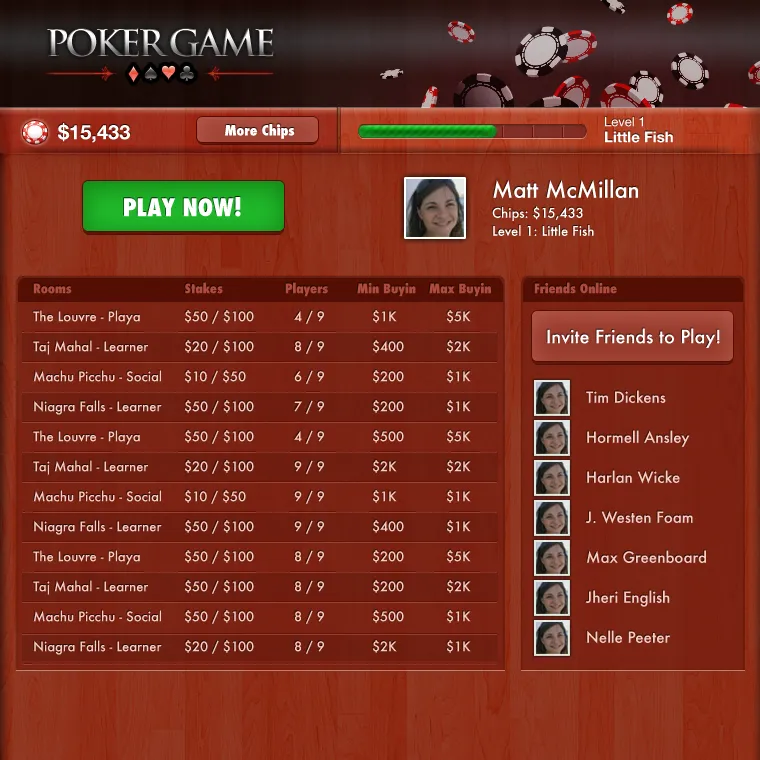 A poker lobby with a list of rooms and stakes, and a Friends Online list with an Invite Friends to Play button