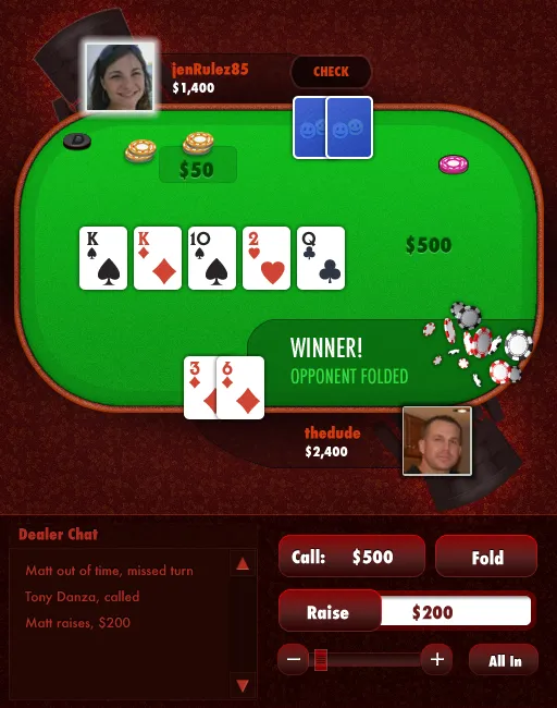 A poker table with community cards, a Winner banner, dealer chat, and Call, Fold, and Raise buttons