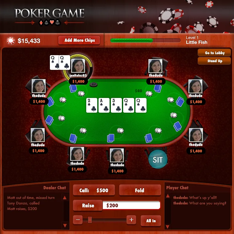 Multiplayer poker game with a seven-seat table, chat, and betting controls