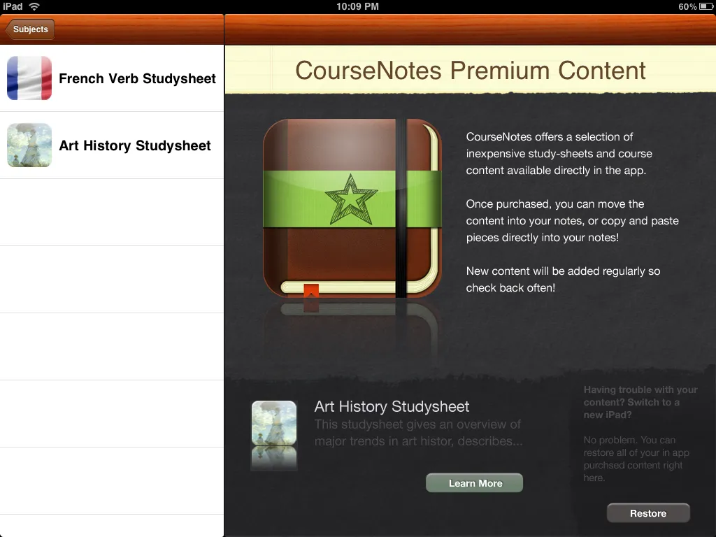 Premium Content screen offering a French Verb Studysheet and an Art History Studysheet
