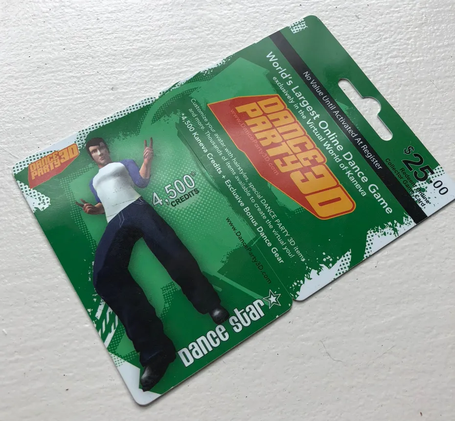 A green prepaid Dance Party 3D card for Kaneva, priced at 25 dollars and worth 4,500 credits, in hang tag packaging