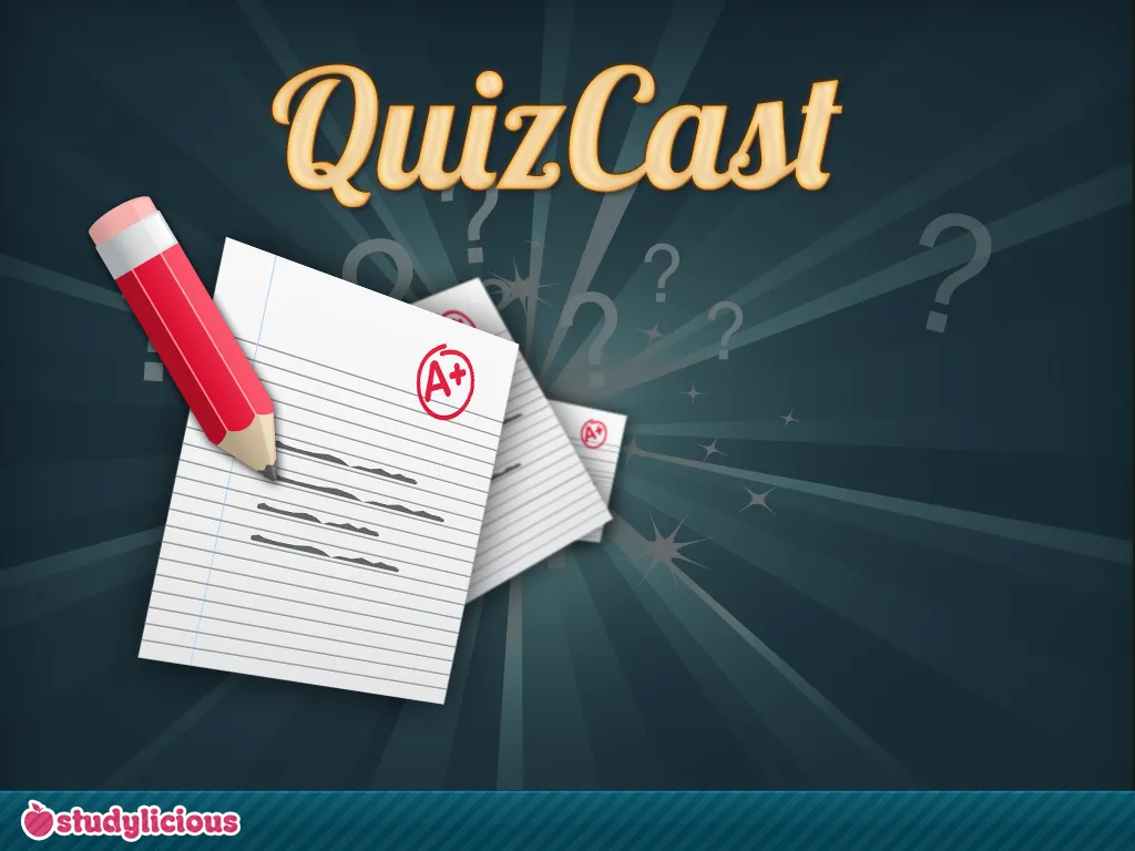 The QuizCast start screen with a pencil, graded papers, and Start and How to play buttons