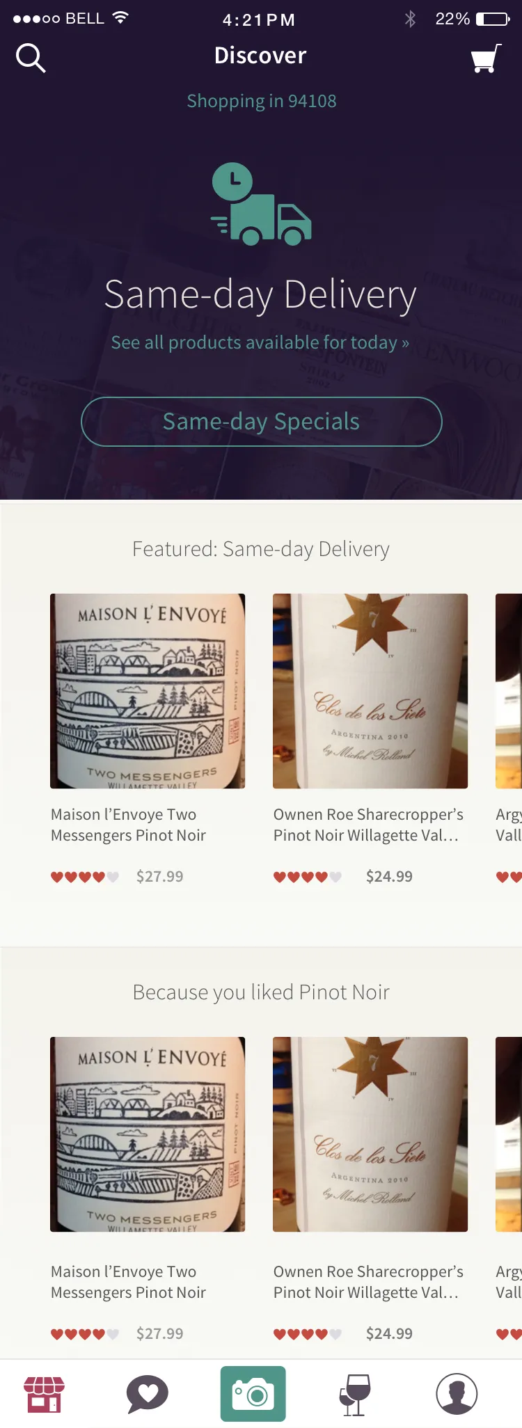 The Drync Discover screen with a Same-day Delivery banner and featured wines