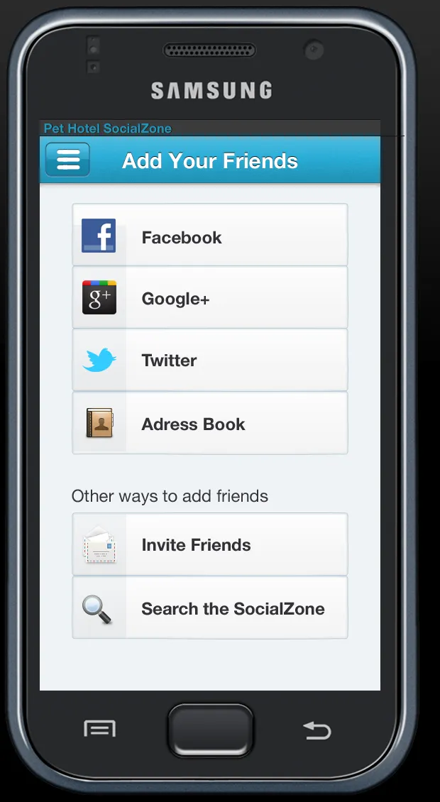 Social Zone Add Your Friends screen listing Facebook, Google+, Twitter, and the address book