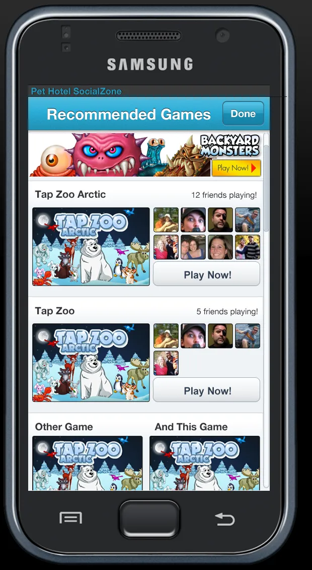 Social Zone Recommended Games screen with the number of friends playing each game