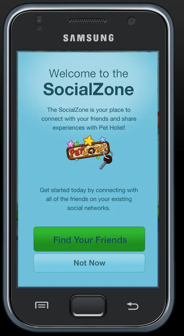 Social Zone welcome screen on a phone, inviting the player to find friends