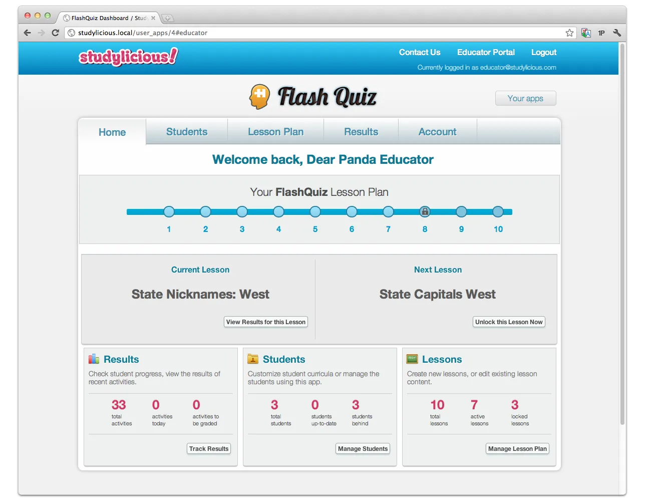 The Flash Quiz teacher dashboard with a ten step lesson plan, the current and next lesson, and summaries for results, students, and lessons