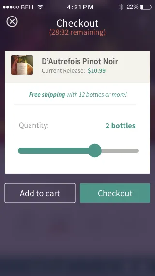 Checkout screen with a countdown timer and a quantity slider