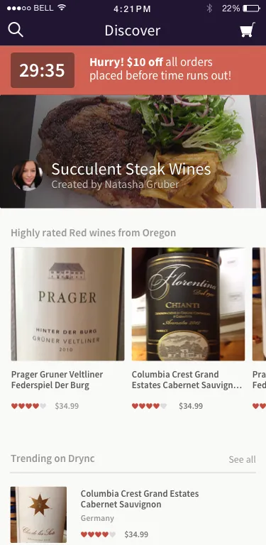 Discover screen with a countdown banner offering ten dollars off