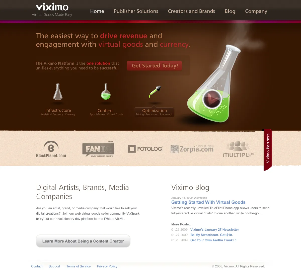 Viximo website home page: “The easiest way to drive revenue and engagement with virtual goods and currency”