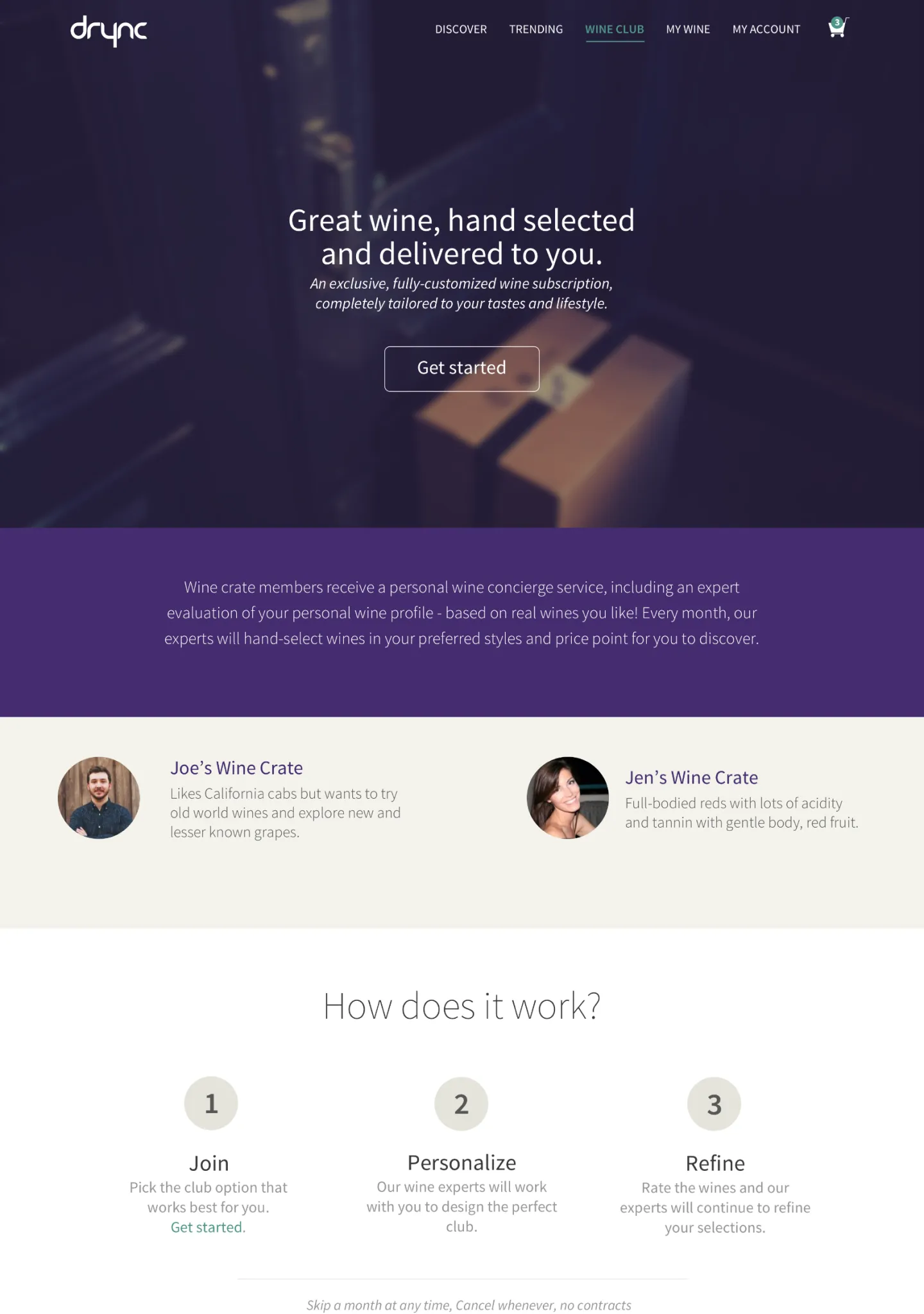 Wine club subscription screens in the Drync app